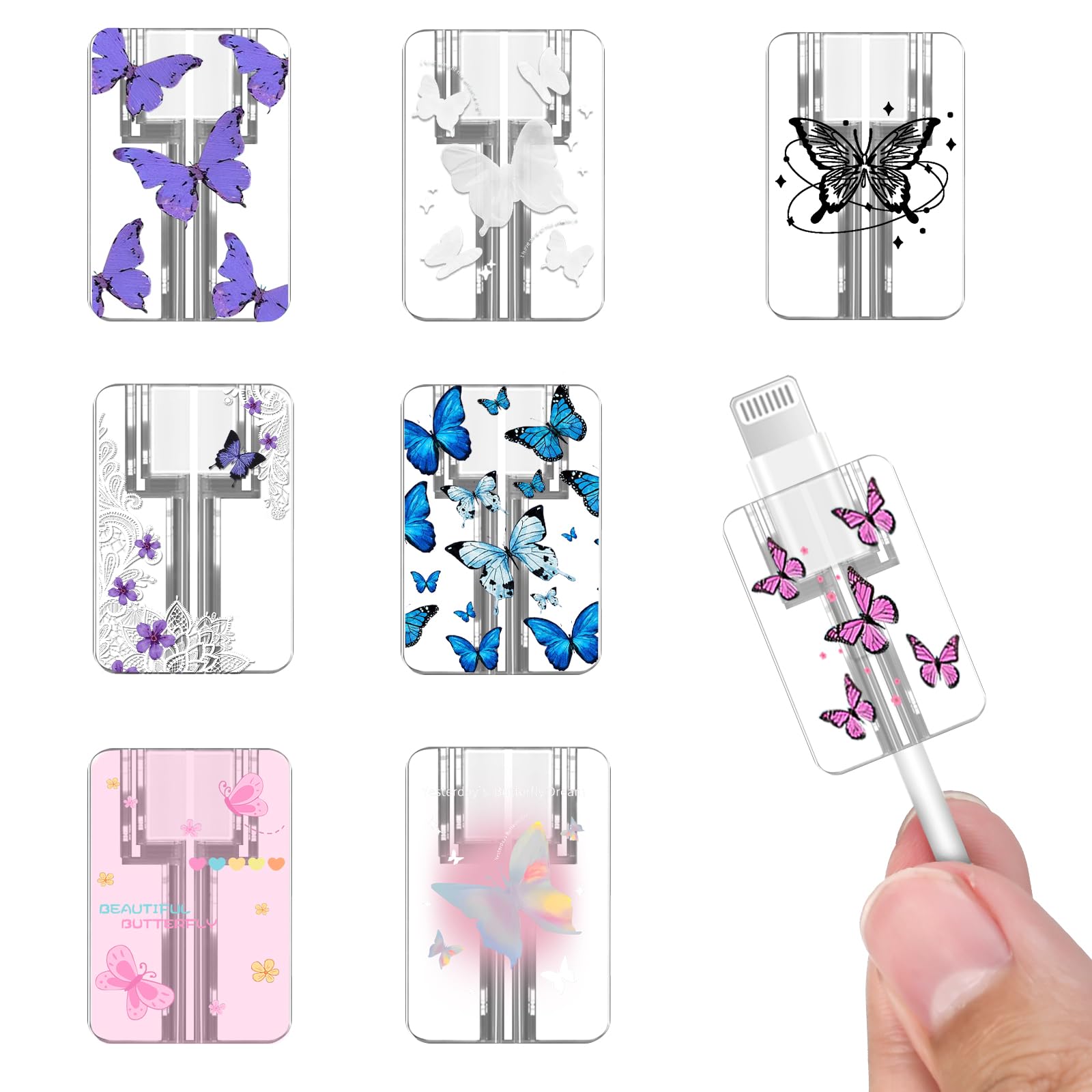 Cute Cable Protector Set Compatible for iPhone Type-c,Pretty Pink Blue Purple Butterflies Design 8pcs Soft Phone Charger Protector,Charging Cord Protector,Cable Chomper,Cord Saver for Women Girls