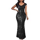 VERWIN Short Sleeve V Neck Bodycon Casual Party Cocktail Evening Mermaid Sparkly Maxi Sequins Dress