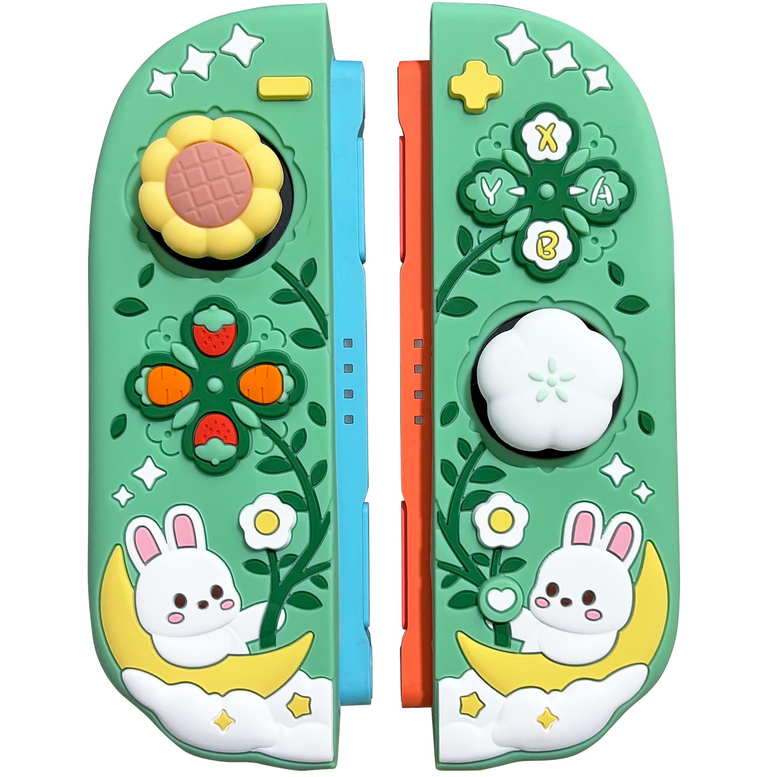 Silicone Protective Case for Nintendo Switch 2 Joy Con Controllers with 2 Silicone Thumb Grips, Bunny & Flower Design, Green