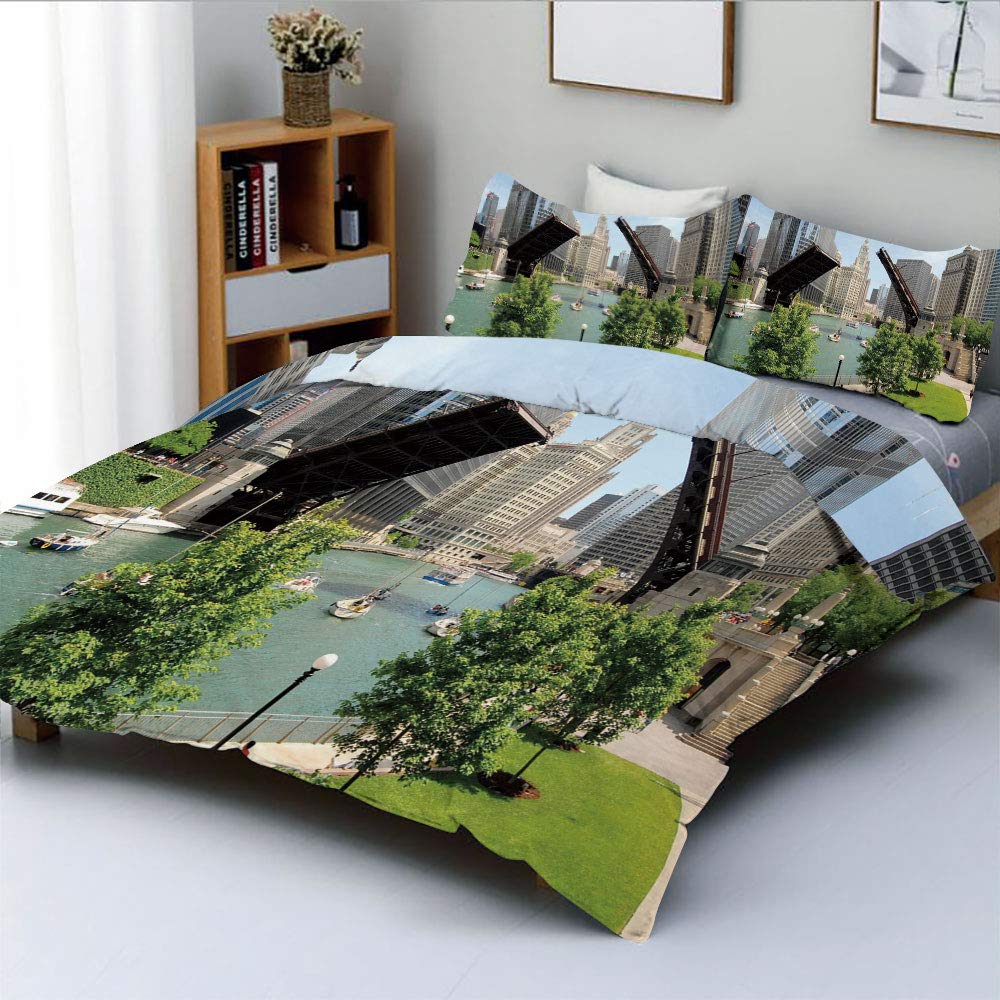 Duplex Print Duvet Cover Set Queen Size,Downtown Chicago Illinois Finance Business Center Lake Michigan Avenue BridgeDecorative 3 Piece Bedding Set with 2 Pillow Sham,Multicolor,Best Gift For Kids & A
