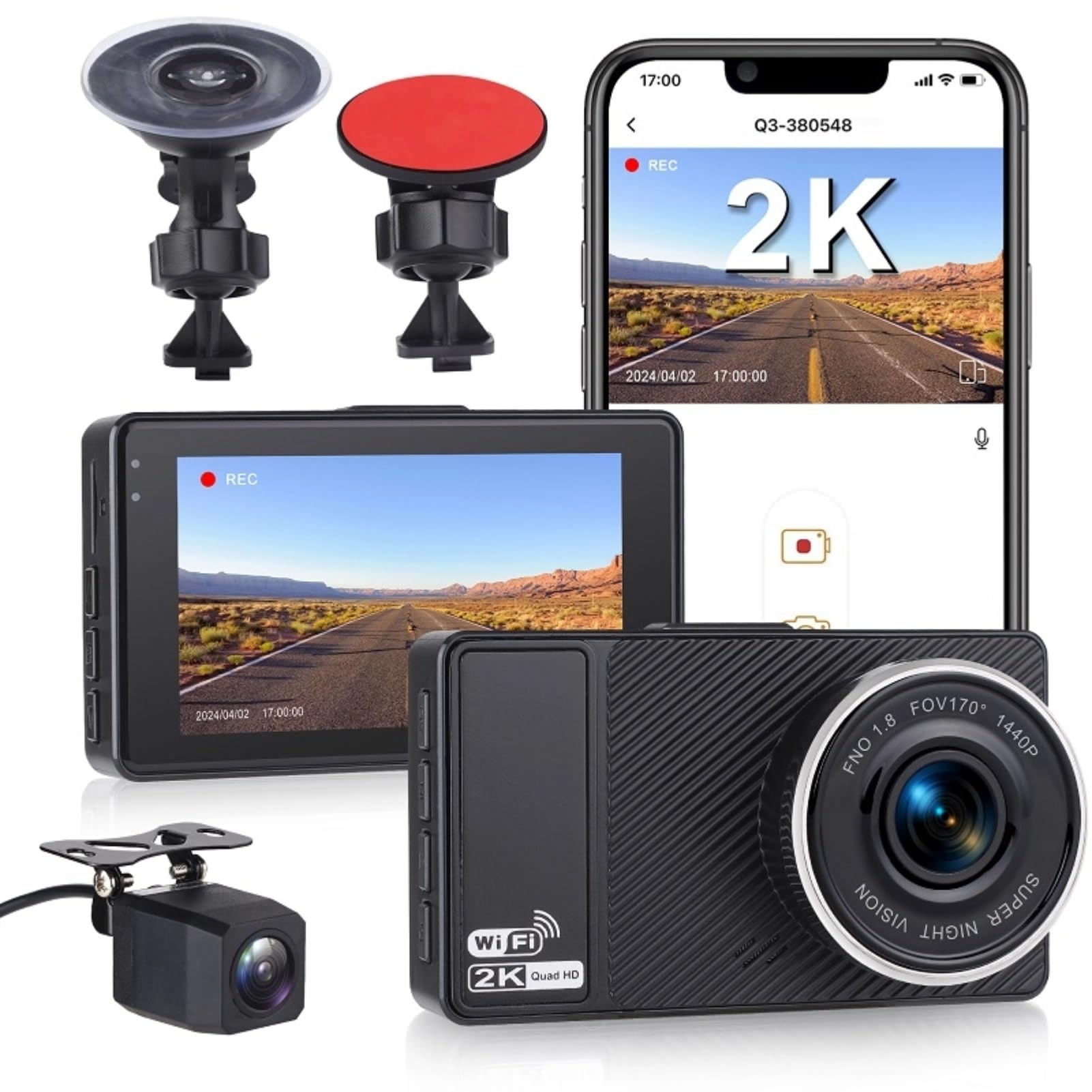 Front and Rear Dash Cam, 2K + 1080P Car Dashcam Night Loop Recording, Sensor, 3 Inch Screen Video Recorder for Cars