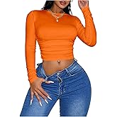RoseSeek Women's Ruched Fitted Crop Tops Crew Neck Long Sleeve T Shirts Undershirt Fall Top