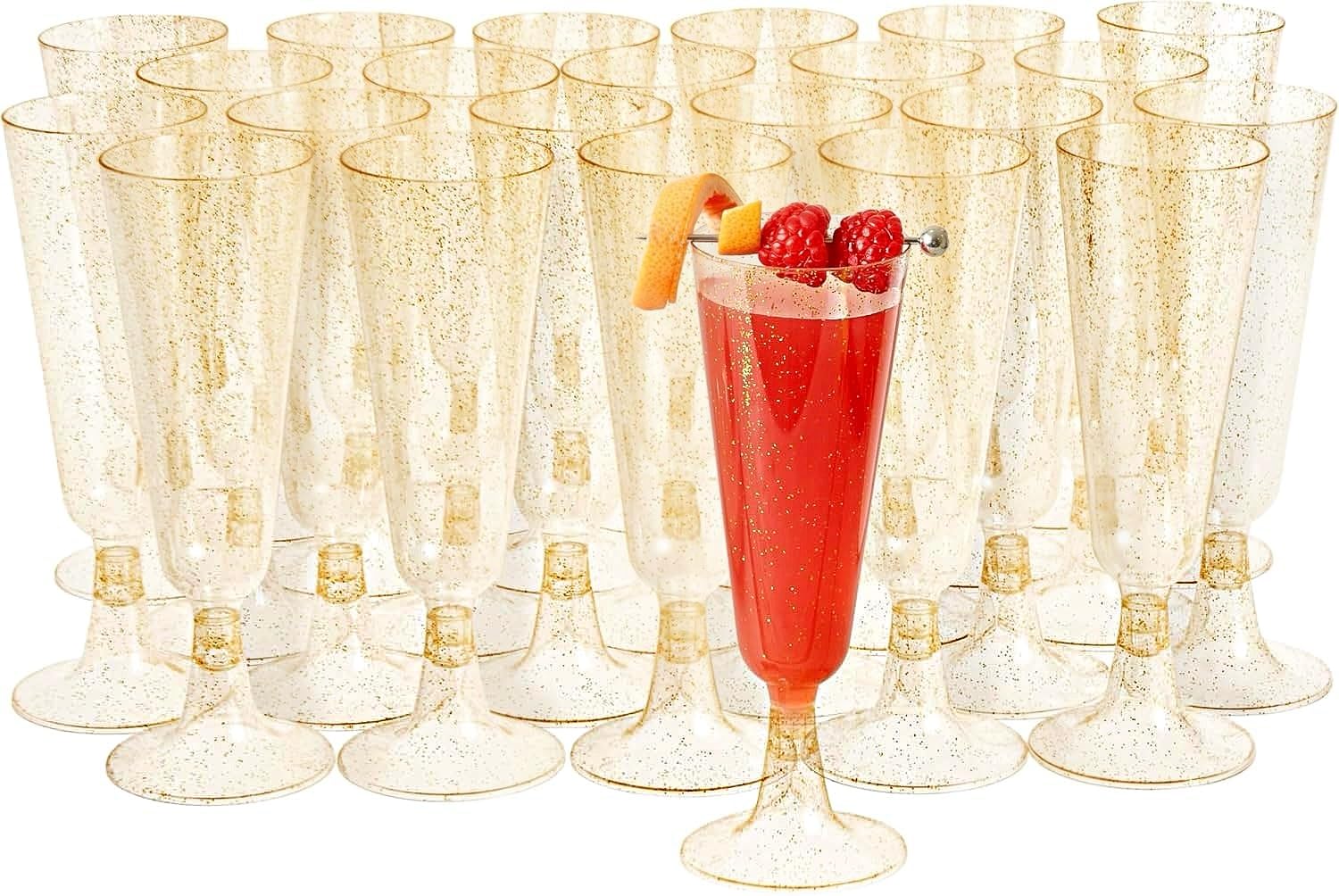 MATANA 24 Premium Plastic Champagne Flutes with Gold Glitter, 150ml - Reusable Champagne Glasses, Plastic Flutes, Prosecco Glasses for Cocktails, Wine, Dessert, Weddings, Birthdays, BBQ, Parties