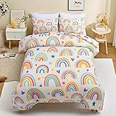 Btargot 3 Piece Kids Rainbow Comforter Set with 2 Pillow Covers, Cartoon Love Hearts Suns and Stars Bedding Set for Girls Boys, Full Beige
