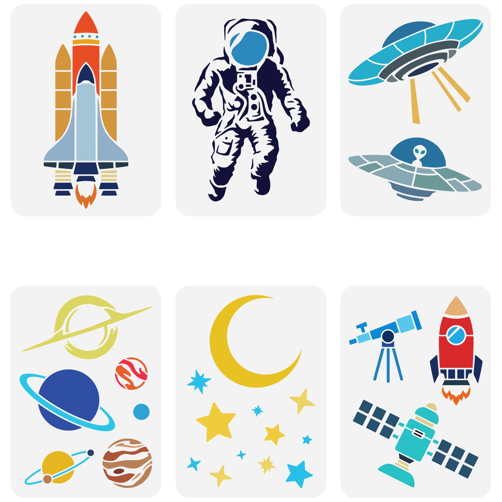 FINGERINSPIRE 6 pcs Space Theme Stencils 21x29.7cm Reusable Astronauts Stars Moon Planets Rockets Astronomical Telescopes Aliens UFO Drawing Template DIY Craft Stencil for Home Decoration