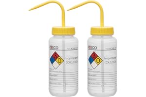 EISCO 2PK Wash Bottle for Isopropanol, 500ml - Labeled with Color Coded Chemical & Safety Information (4 Colors) - Wide Mouth