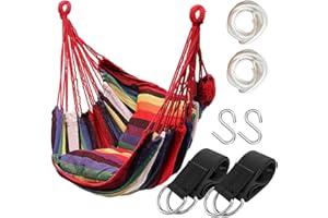 HATISAN Hammock Chair Hanging Rope Swing Seat for Indoor Outdoor, Sturdy Cotton Weave Hammock Swing, Max 300Lbs Hanging Hammock Chair for Bedroom Patio Porch (Pole and Pillows NOT Included, Rainbow)