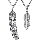 Moolee Mens Feather Pendant Necklace with Stainless Steel Link Chain