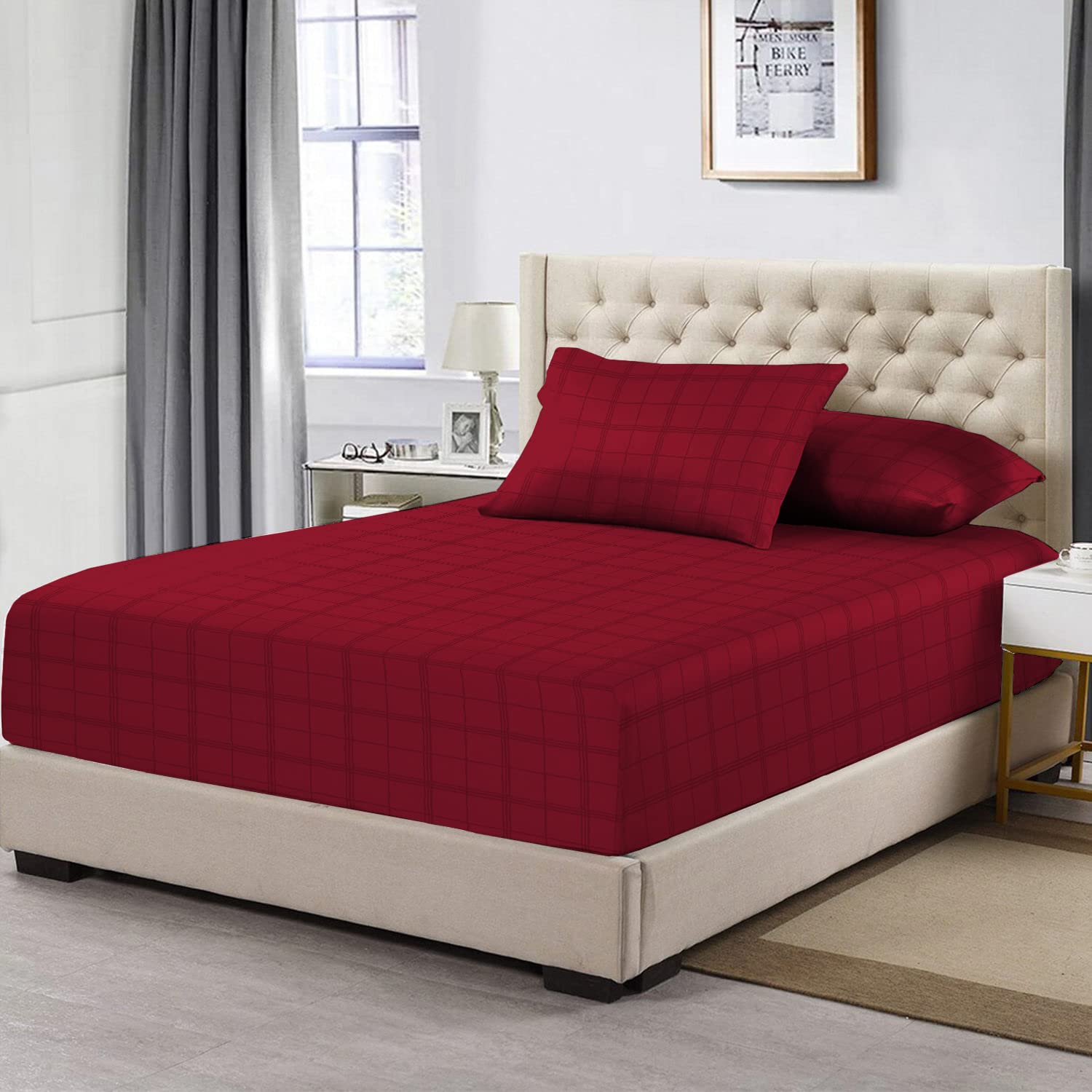 Pizuna 100% Cotton Red Big Checks Fitted Sheets, 300 Thread Count Long Staple Combed Cotton Damask Bedding, 40 cm Deep Fitted King Size Sheet (160cm x 200cm Check Bedding King Size)