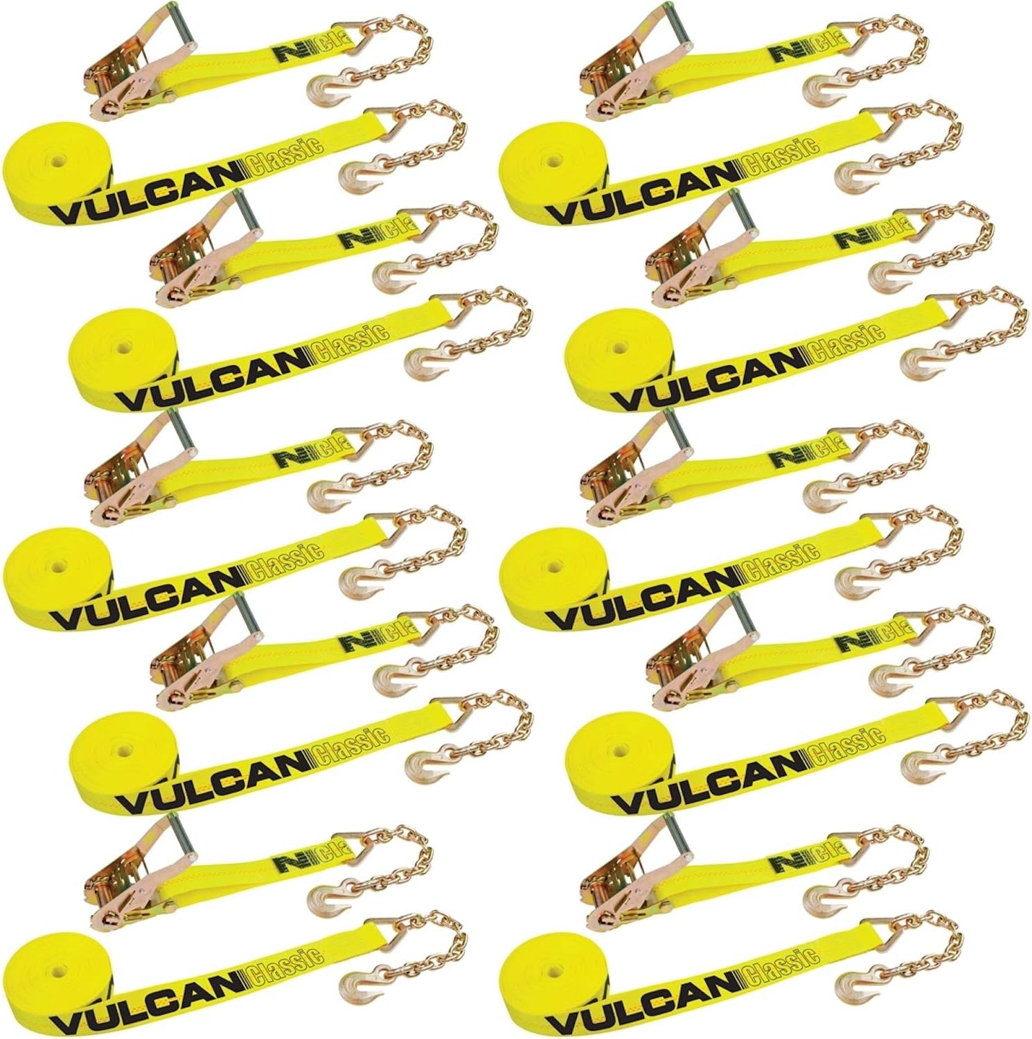 VULCAN Ratchet Strap with Chain Anchors - 2 Inch x 30 Foot, 10 Pack - Classic Yellow - 3,600 Pound Safe Working Load