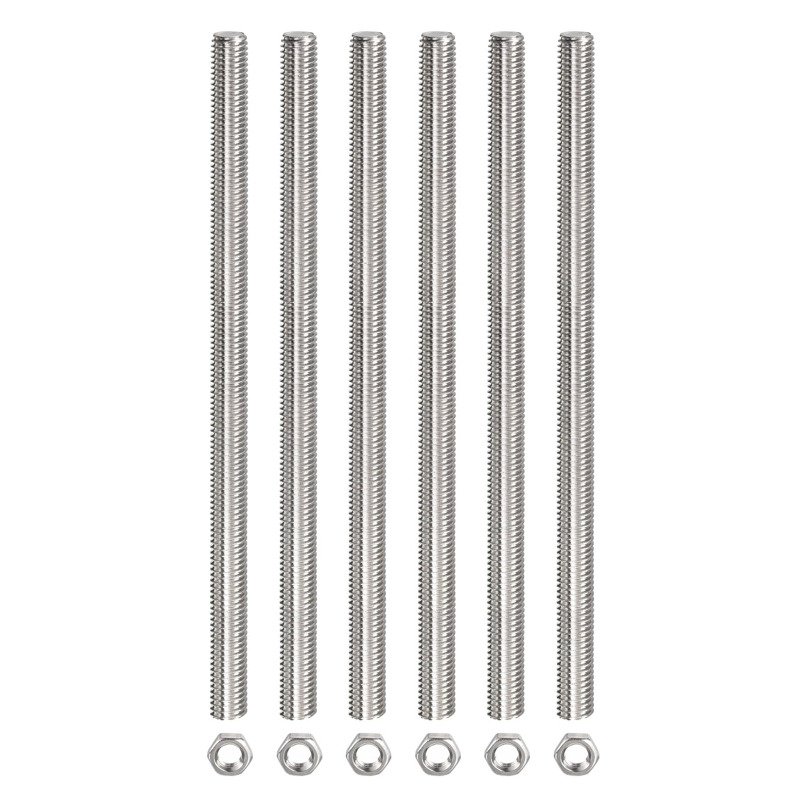 Rebower Fully Threaded Rod (with 6 Pcs Hex Nuts),Stainless Steel Fully Threads Studs[for Assembly Fastening] - M8 x 250mm,1.25mm Pitch/ Silver/ 6 Pcs