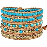 KELITCH Turquoise Bracelets Leather 5 Wrap Bracelet Handamde Gold Mix Beaded Strand Bracelets for Womens