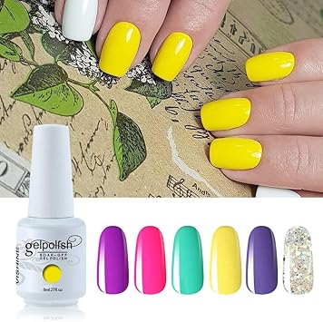 Vishine Lot De 6 Vernis à Ongles Gel Semi Permanent Couleurs Jaune Rose Turquoise Soak Off Uv Led Gel Nail Polish Nail Art Cadeau Idéal 8ml
