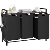 VASAGLE Laundry Hamper with Shelf, 3 Pull-Out Bags, 3 x 10.6 Gallons (40 L) | Laundry Basket, Laundry Sorter 3 Section, Metal Frame, Ink Black and Rustic Brown, BRENTA Collection UBLH301B01