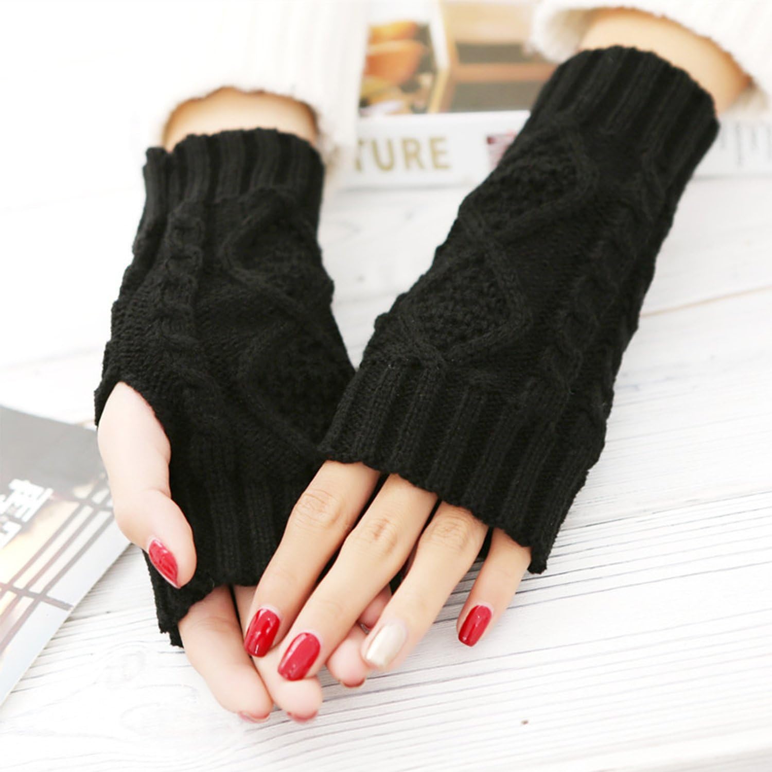 2 Pair Women's Hand Crochet Winter Warm Fingerless Arm Warmers Gloves 2 Pair(Black+DarkGray) at  Women’s Clothing store