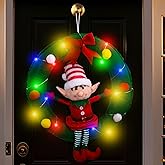 JOEYSUT 34" Hanging Christmas Decorations, Christmas Elf in Wreath with Colorful LED Lights, Xmas Creative Funny Novelty Ornament, Stuffed Santa Home Decor for Wall Fireplace Door Balcony