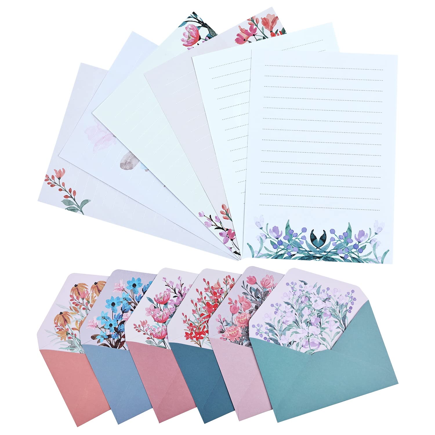 24 PCS Writing Stationery Paper with 12 PCS Envelops, Stationary Paper and Envelopes Set Unique Flower Design Writing Paper and Envelopes Lined Letter Writing Set for Invitation Gifts (6 Sets)