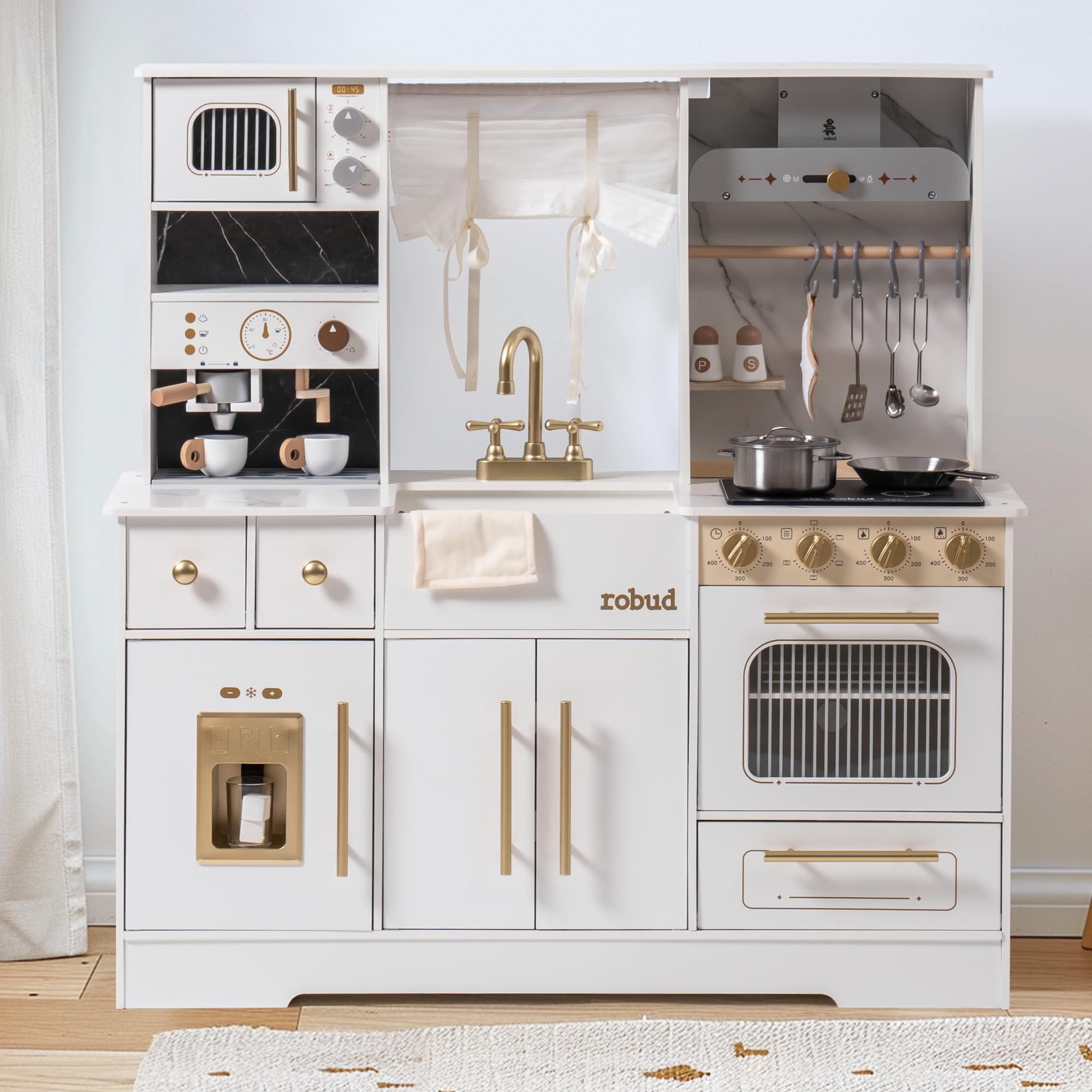 Photo 1 of ******************FOR PARTS ONLY, Missing most of the accessories; wooden planks missing*****************
ROBUD Wooden Play Kitchen Set for Kids, Pretend Toy Kitchen 