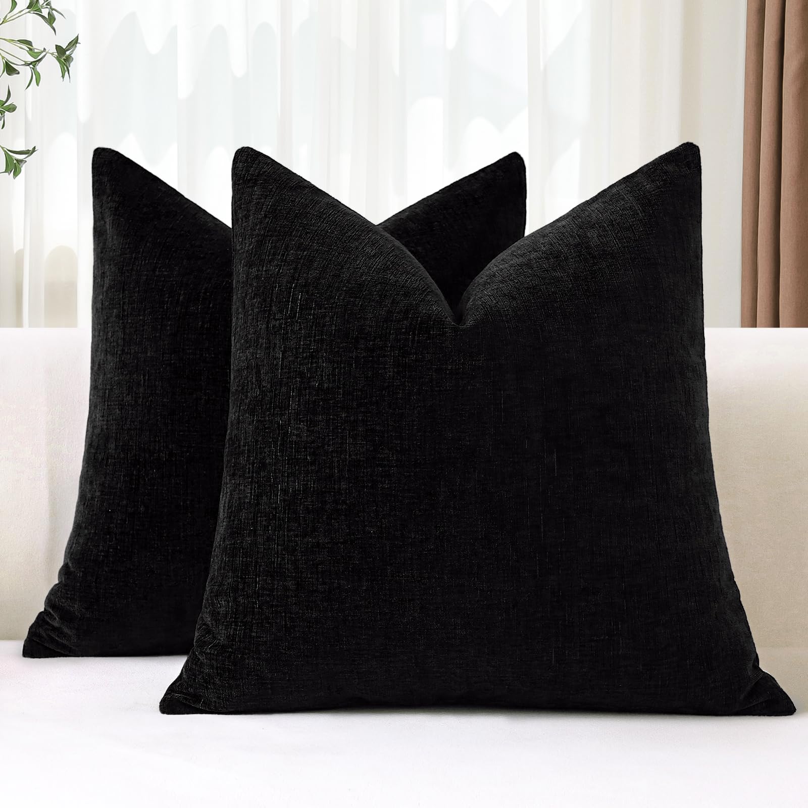 JOTOM Set of 2 Cushion Covers 45x45 cm Soft Chenille Black Decorative Throw Pillow Covers 18x18 Inch Square Cushion Case Solid Pillowcases for Couch Sofa Living Room Bed Home Decor (Black)