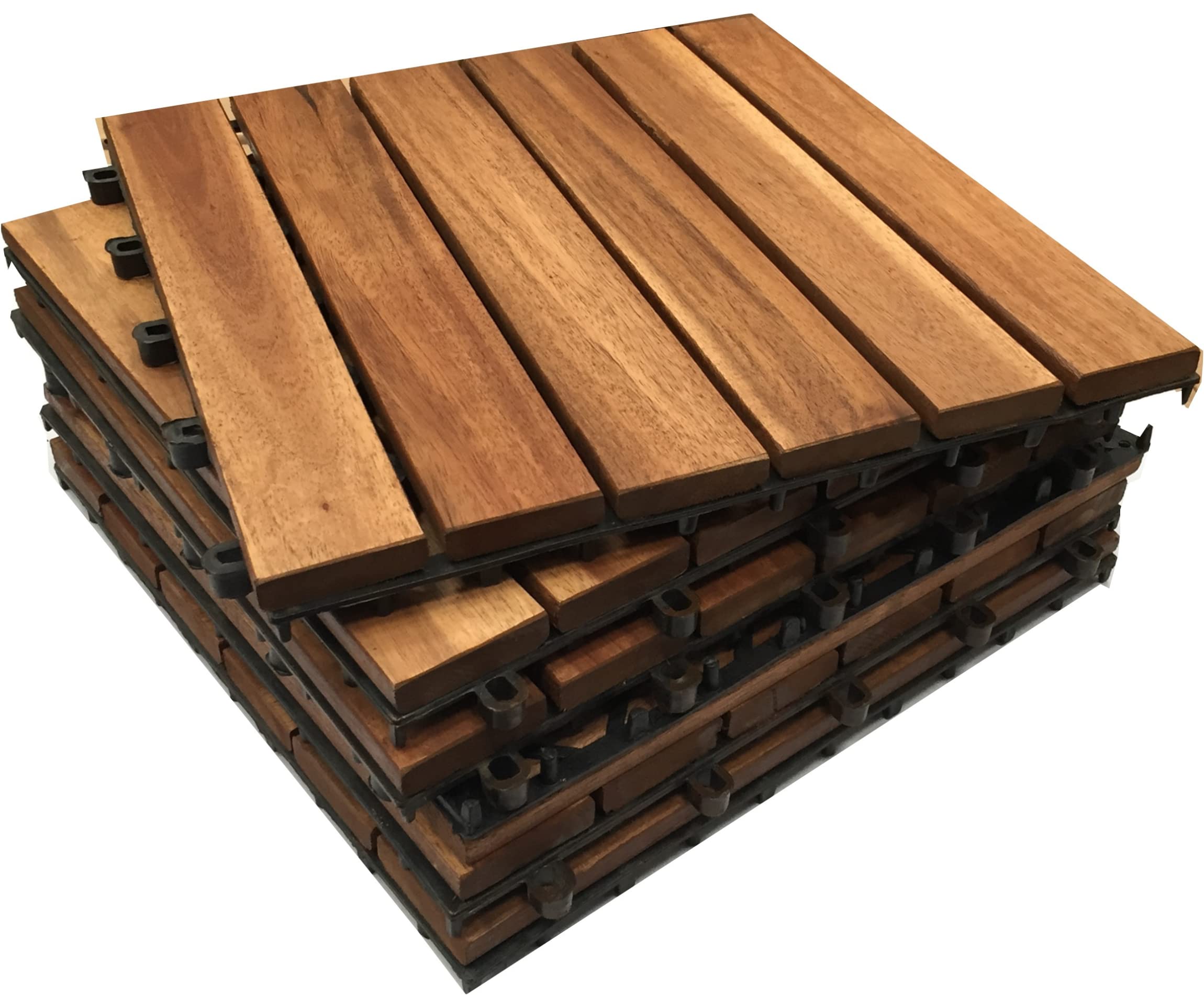 6-Slat Extra Thick Wooden Interlocking Acacia Hardwood Decking Tiles. Patio, Garden, Balcony, Hot Tub. 30cm Square Deck Tile (24x Hardwood Decking Tiles)