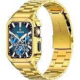 HASLFM Stainless Steel Band with Case Compatible with Apple Watch Series 6 5 4 SE3/2/1(44mm),Series 3 2 1 (42mm), Metal Protective Bumper Cover for iWatch Bands Men,Gold