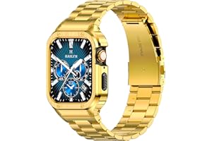 AMZNEW HASLFM Stainless Steel Band with Case Compatible with Apple Watch Series 6 5 4 SE3/2/1(44mm),Series 3 2 1 (42mm), Metal Protective Bumper Cover for iWatch Bands Men,Gold
