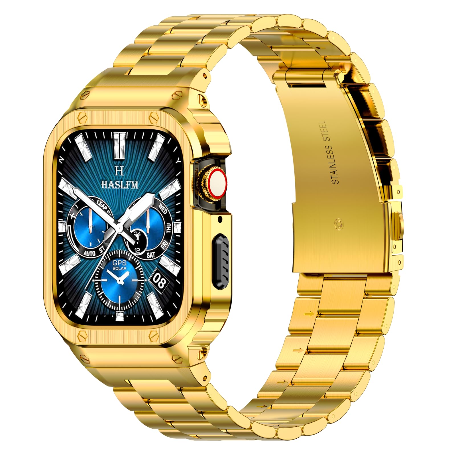 HASLFM Stainless Steel Straps with Case Compatible with Apple Watch Series 9/8/7/SE/6/5/4/3/2/1(41mm/40mm/38mm), Rugged Metal iWatch Band and Protective Cover for Men, Gold