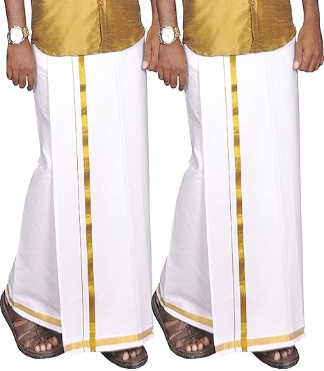 Mens Double (1.29 X 3.60 Meter) Jari Cotton (2CM Border) Dhoti With Pack of 2 Dhoties