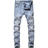 ZLZ Black Biker Jeans for Men, Slim Fit, Comfy Stretch Ripped Distressed Biker Pants, Designer Jeans