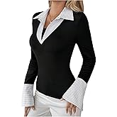 GORGLITTER Women's Flare Sleeve Work Tee Tops Striped 2 in 1 Slim Fit Shirts Trendy 2026 Business Work Outfits