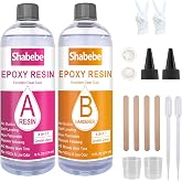 Shabebe Epoxy Resin, 32OZ Epoxy Resin Crystal Clear, Not-Yellowing No-Bubble, Self Leveling Easy Pour/Mix 1:1 Casting Kit & C