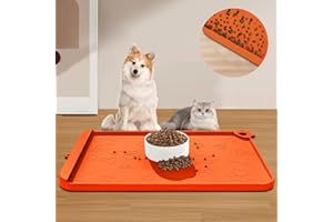 RAOUOEN Dog Food Mat, Silicone Dog Mat for Food and Water -Pet Feeding Mats with Residue Collection Pocket, Waterproof Dog Cat Bowl Mats with Raised Edges and Hooks, Placemats for Cats and Dogs Water Bowl