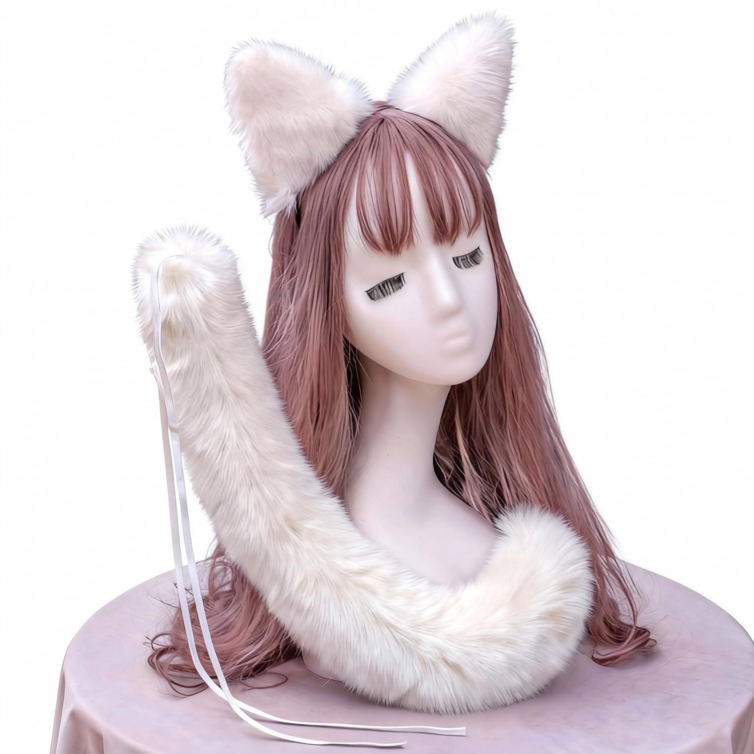 ITODA Faux Ears Headband and Tail Set Halloween Animal Cosplay Hair Hoop Soft Faux Fur Headband Fancy Dress Costume for Kids Adult Halloween Party