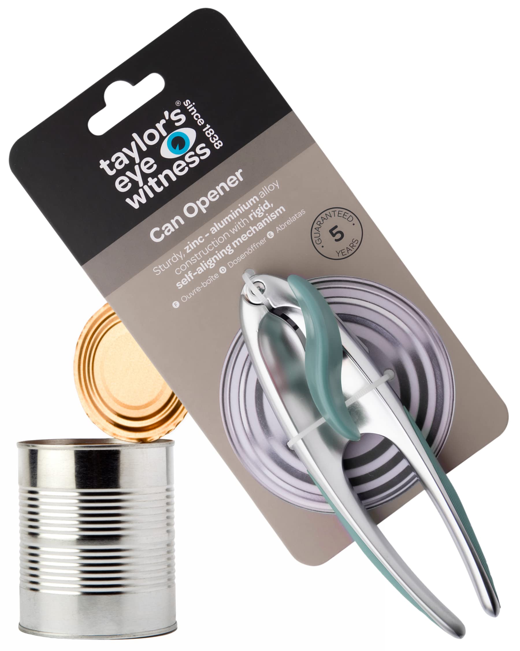 Premium 2-in-1 Manual Can Opener - Taylors Eye Witness, Easy to Use Tin Opener, Kitchen Gadget Made with Built-in Bottle Opener, Sturdy Zinc Aluminum Construction with Silver & Aqua Blue Colouring