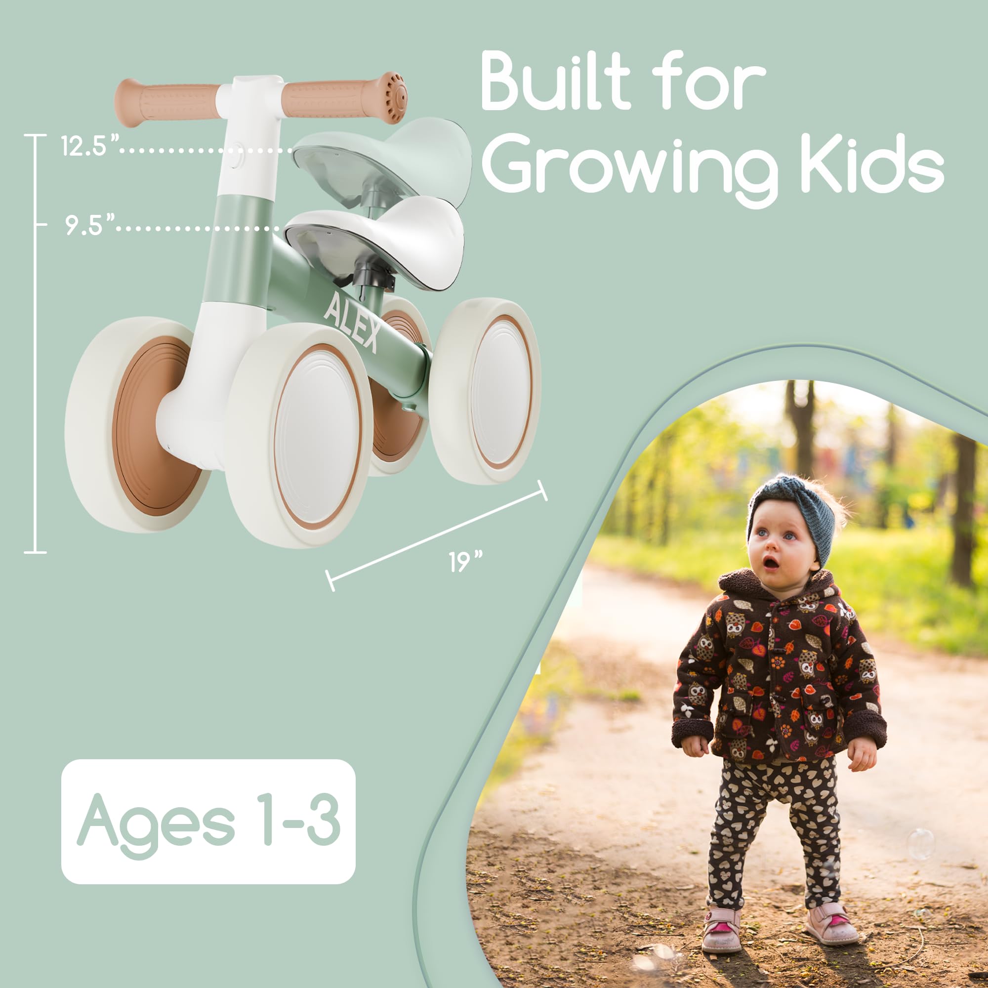Customized Baby Balance Bike for 1-Year-Old | Lightweight and Safe - No Sharp Edges | Silent Wheels for Smooth & Quiet Rides | Easy-to-Assemble 1st Balance Bike for Toddlers, Green