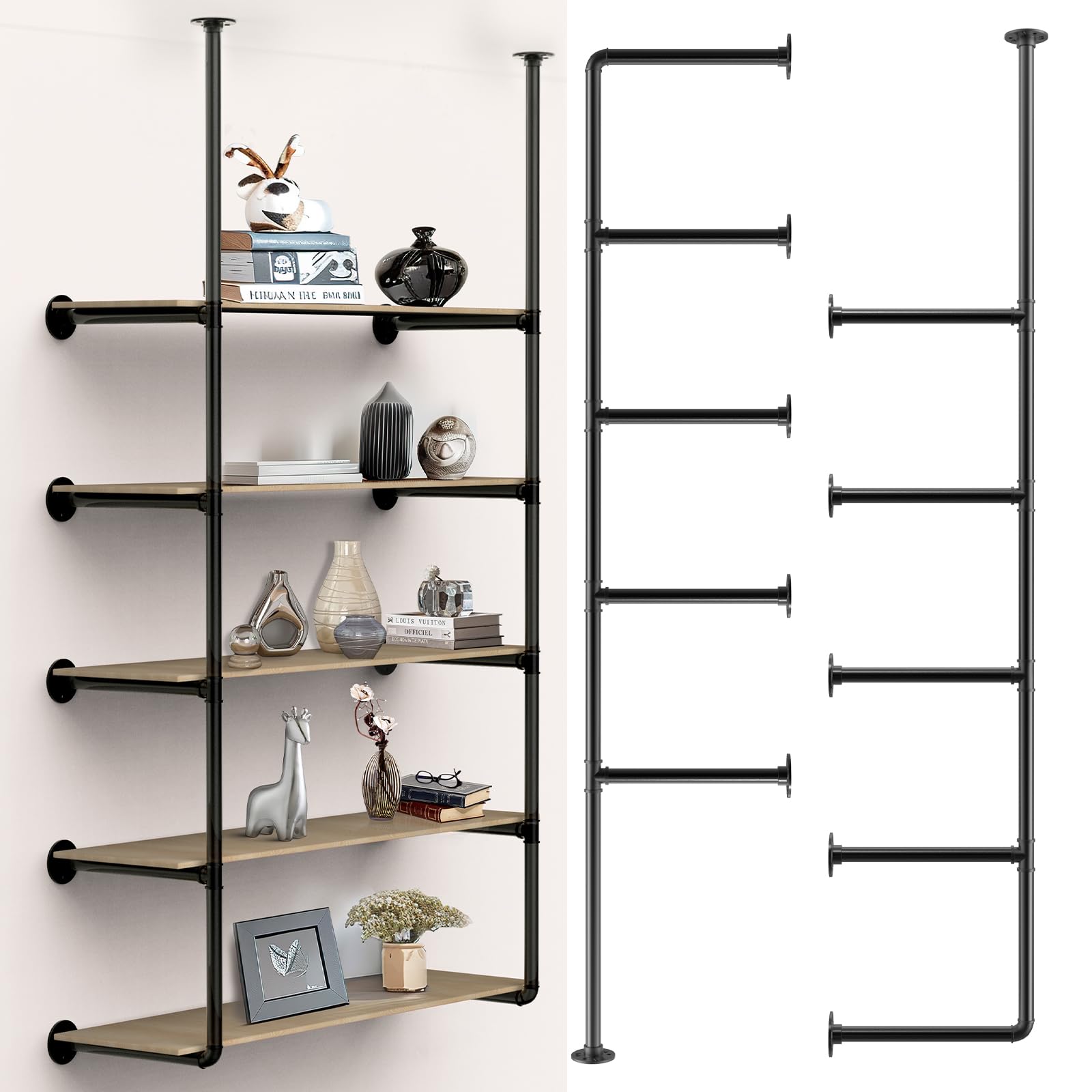 Photo 1 of ITEFDTUTNE Industrial Wall Mount Iron Pipe Shelf - 5 Shelves Shelving Bracket (No Plank) DIY Open Bookshelf Ceiling Hung Shelf for Office Room Kitchen, Black Vintage Retro