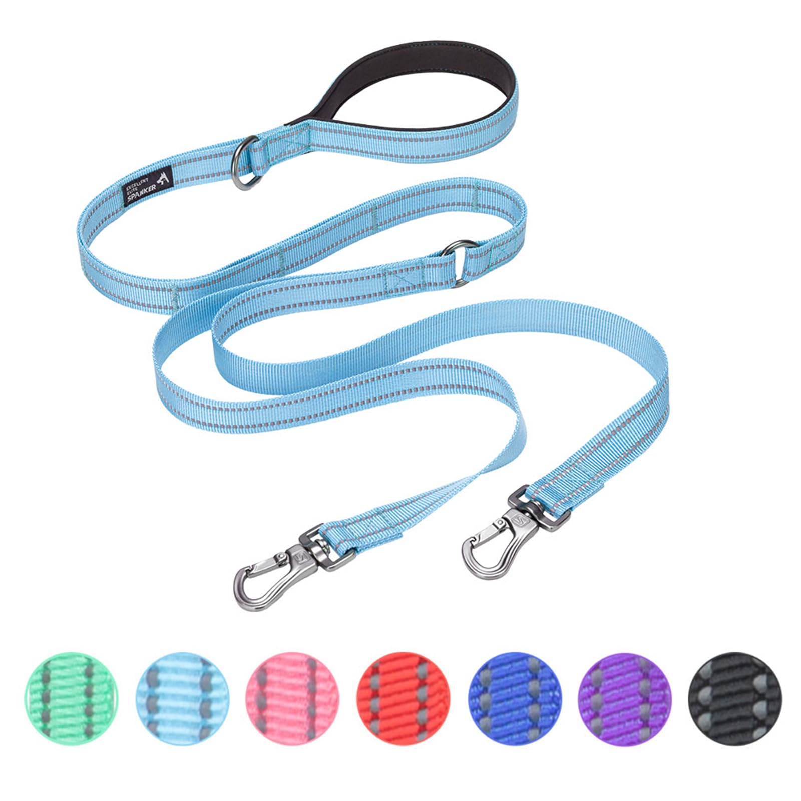 EXCELLENT ELITE SPANKER 5FT Double Lead Reflective Nylon Dog Leash Multiple Dog Leash with Padded Handle for Two Dogs Training Walking(Light Blue) — image 1