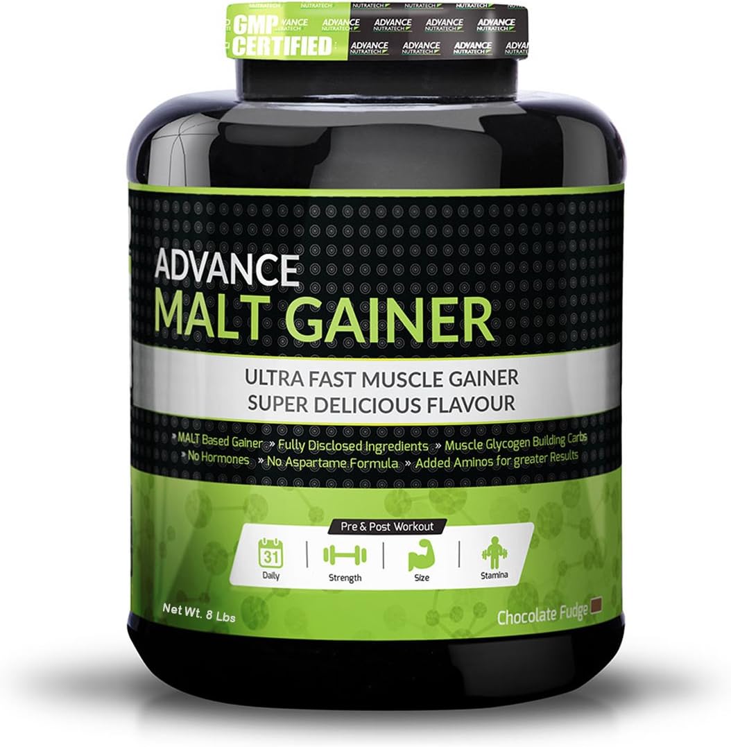 ADVANCE NUTRATECH Pre & Post Workout Malt Gainer Muscle Building Chocolate Flavour Protein Powde, White, 8 lb