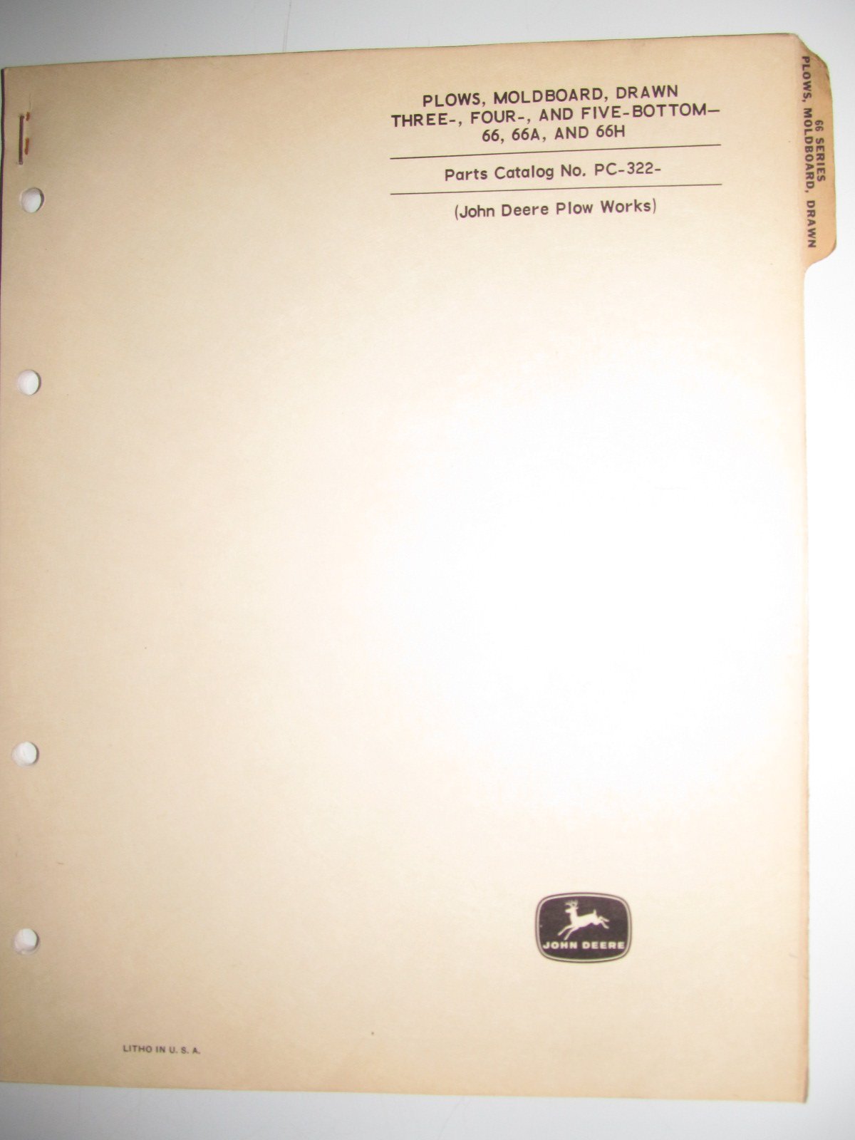 John Deere 66 66A 66H Tractor Drawn Three Four & Five-Bottom Moldboard Plow  Parts Catalog Book Manual PC-322 Original Paperback – 1961