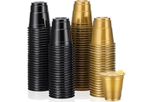 Roshtia 100 Pcs Happy New Year 2 oz Plastic Cups Mini Disposable Shot Cups Small Plastic Shot Glasses for Birthday Party Beer Taste Serving Snacks Samples Tastings(Black, Gold)