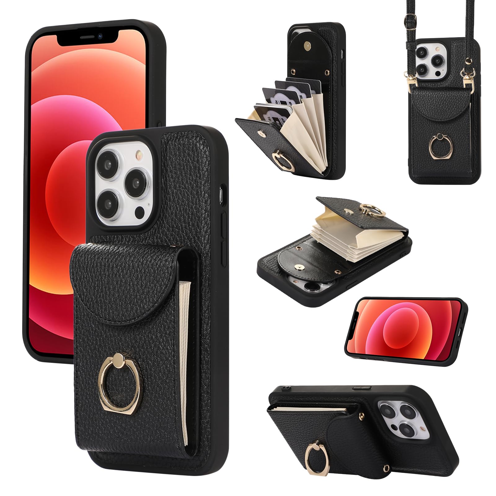 XMTON Crossbody Wallet Case for iPhone 12 Pro Max with Card Holder, 360° Rotation Ring Kickstand, Leather Purse Cover for iPhone 12 Pro Max, Black