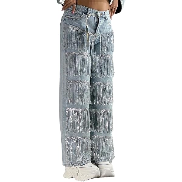 パンツ wide fringe denim pants / BRACK Kwunbwa Women's High Waisted Jeans Sequin Fringe Wide Leg Baggy