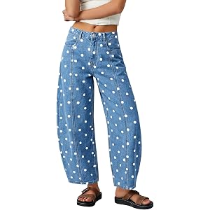Tankaneo Womens Polka Dot Barrel Jeans High Waisted Wide Leg Denim Pants | cotton, vintage, boyfriend, baggy, Y2K, fall casua