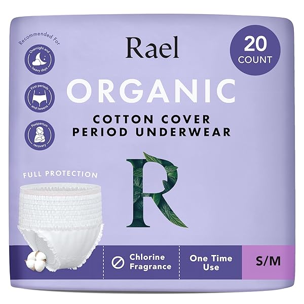 RAEL DISPOSABLE UNDERWEAR FOR WOMEN, ORGANIC COTTON COVER – POSTPARTUM ESSENTIALS, LEAK LOCKER, UNSCENTED, MAXIMUM COVERAGE (SIZE S-M, 20 COUNT)