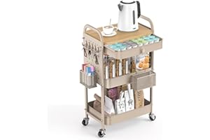 ALVOROG Rolling Cart with Drawer and Wood Table Top, 3 Tier Metal Rolling Utility Cart on Wheels with DIY Pegboards, Hanging Baskets, Hooks for Kitchen, Bedroom, Office, Craft Supplies