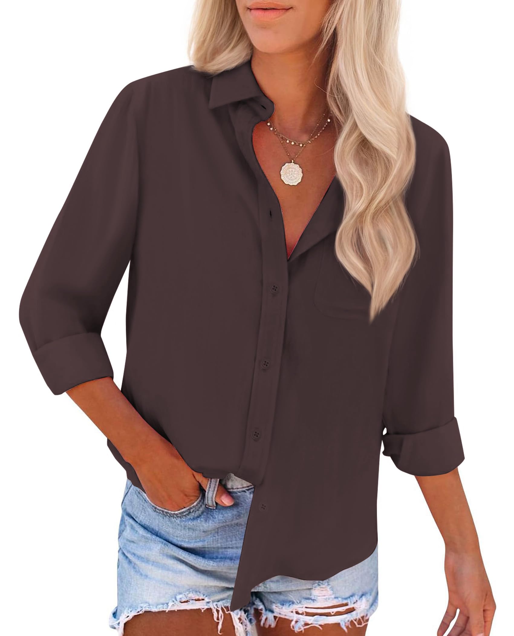Photo 1 of *light brown**____siliteelon Button Down Shirts for Women Dress Shirts Long Sleeve Wrinkle Free Work Office Fitted Blouse Tops with Pocket Brown