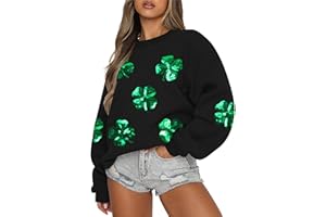MAXIMGR Women St Patricks Day Sweatshirts Sequin Lucky Clover Sweater Shamrock Shirts Casual Irish Gift Long Sleeve Pullover