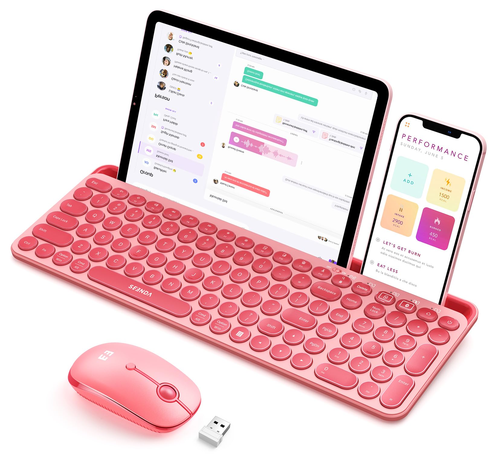Photo 1 of seenda Bluetooth Keyboard and Mouse for iPad, CTU-301 Wireless Multi-Device Connection Bluetooth+2.4G Keyboard Mouse Combo with Tablet Holder for iPad/MacBook/Windows, iOS/Andriod/Phone, Coral Pink