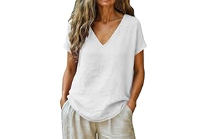 Womens Cotton Linen Shirts 3/4 Sleeve V Neck Loose Boho Beach Shirts Summer Dressy Casual Lightweight Blouses 2026