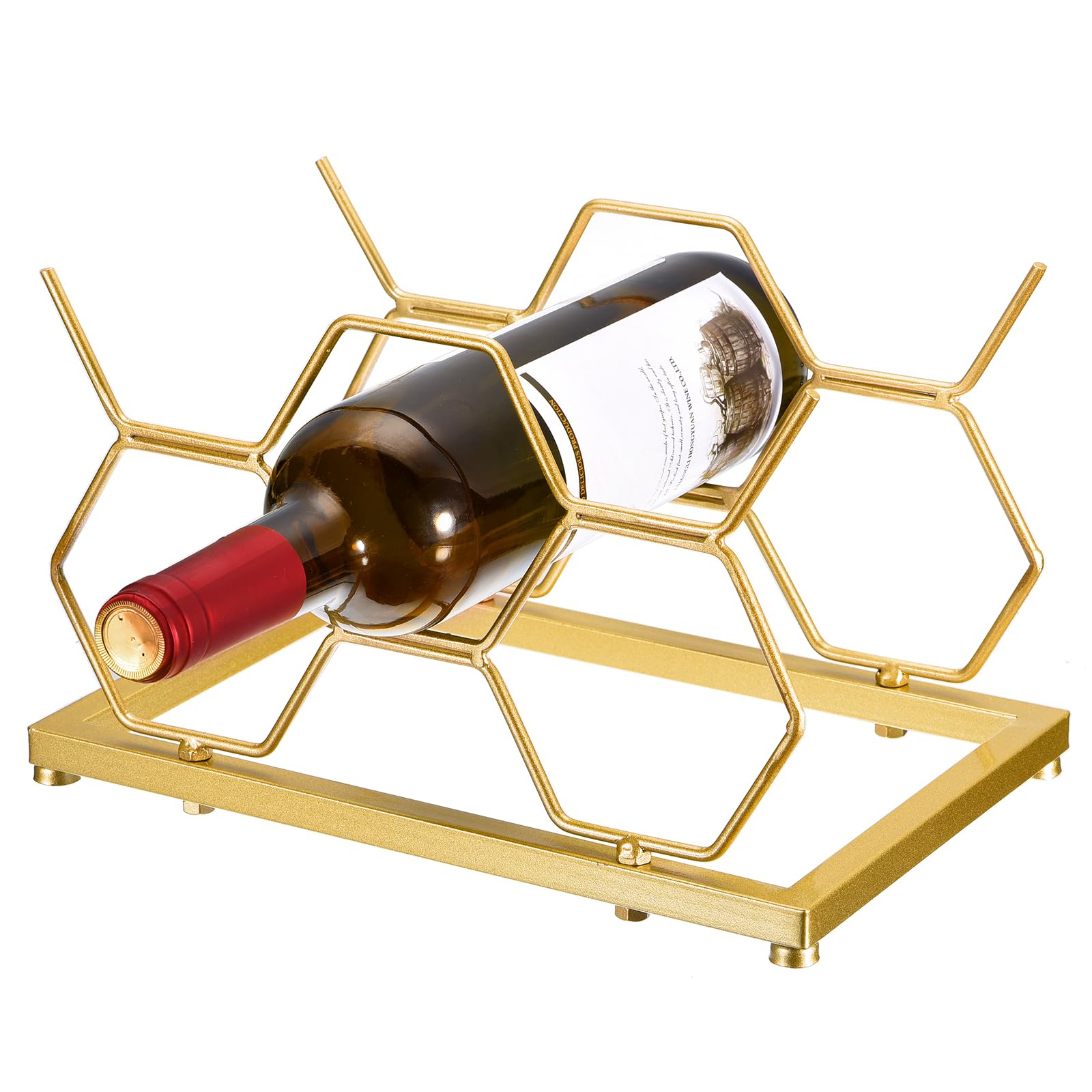 Uxcell Countertop Wine Rack, Tabletop Wine Bottle Holder for Up to 5 Standard Bottles, Freestanding Hexagon Wine Rack for Wine Cellar Bar Cabinet, Gold